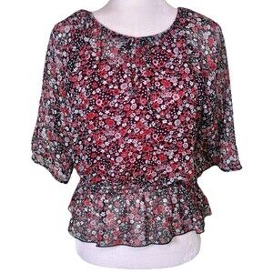 IZ Amy Byer Women’s Sheer Floral Chiffon Blouse Peplum Hem Romantic Boho Top XL